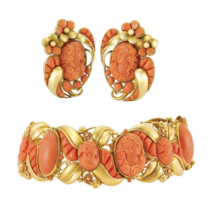 Lot-526-Gold-Coral-Cameo-and-Coral-Cuff-Bracelet-and-Pair-of-Clip-Brooches-Seaman-Schepps1